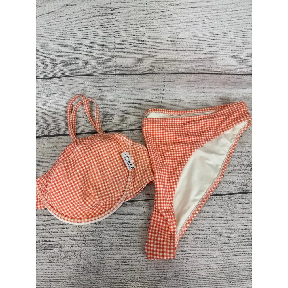 Old Navy Plus Size Cream & Coral Gingham Matching Bikini Swim Set Size 3X - Picture 8 of 13
